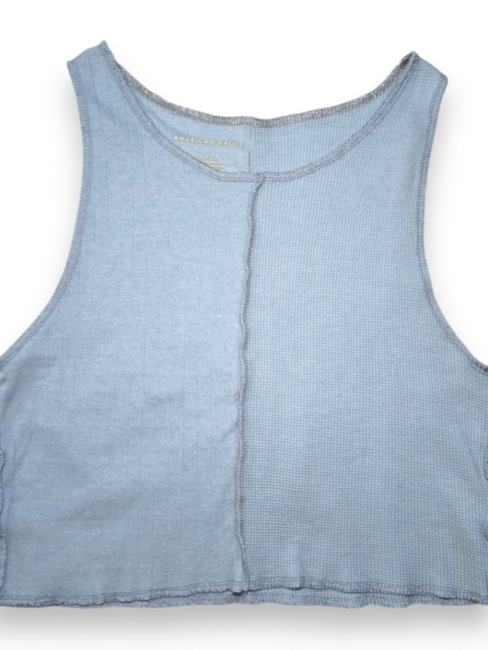 American Eagle Blue Crop Tank Top Eyelet Waffle Knit Cottagecore Raw Hem Large